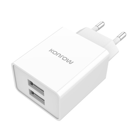 Konrow KC12AAW - 2 USB A Port Power Adapter - 12W Fast Charging, White (Compatible, Blister)
