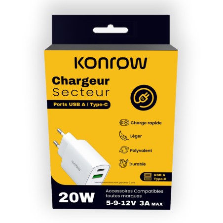 Konrow KC20ACW - 2 Port Type A & Type C Power Adapter - 20W Fast Charging, White (Compatible, Blister)