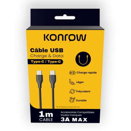 Konrow KCCTCPB1 - USB Type C to Type C Cable (1 M - 3A) - Black (Compatible, Blister)