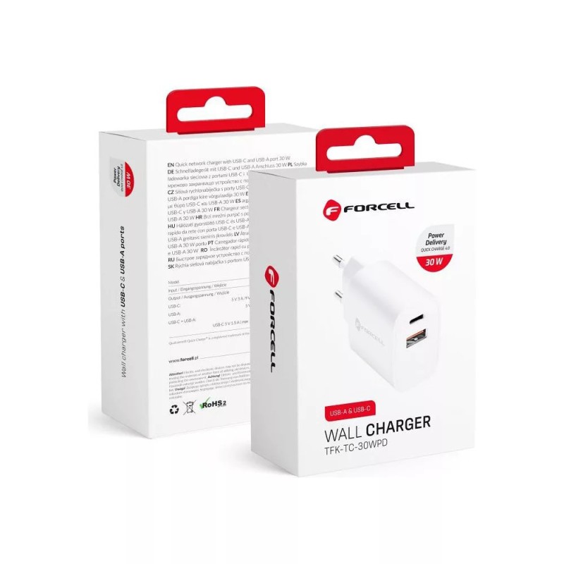 Forcell - 2-Port Power Adapter (Type A and Type C Port, 30W, White) Original Packaging